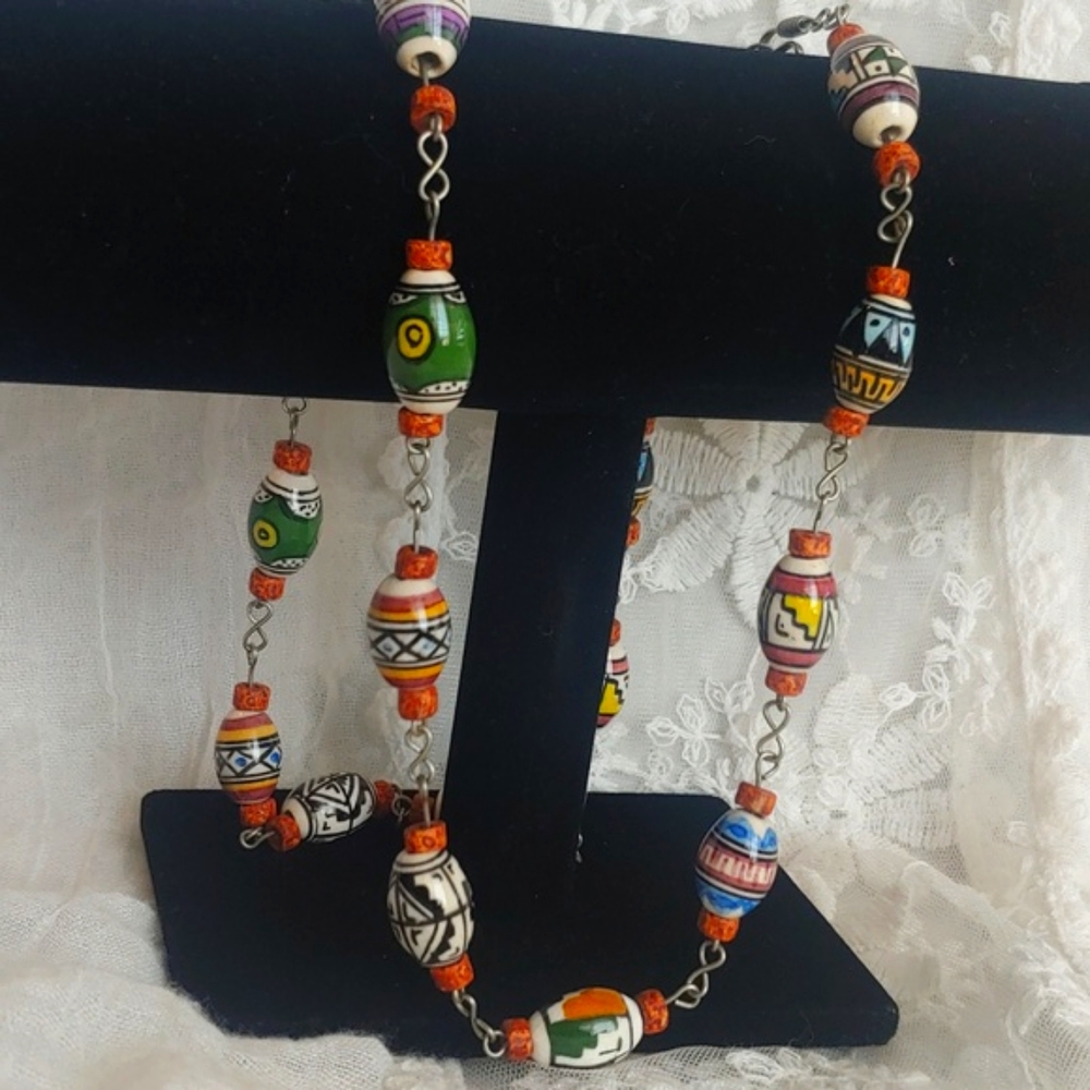Colombian Hand Painted Clay Bead Necklace - Picture 11 of 13